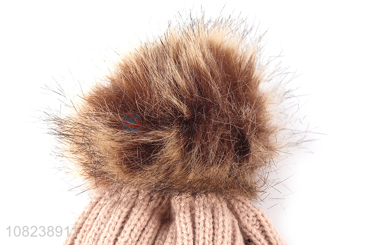 Wholesale fleece lined knitted hat winter warm beanie with hair bulb