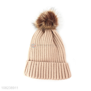 Wholesale fleece lined knitted hat winter warm beanie with hair bulb