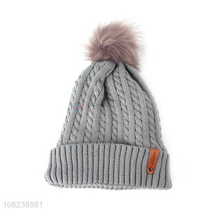 High quality unisex winter warm cuffed knitted beanie with pom pom