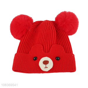Good price cute warm children knitted hat with fuzz ball