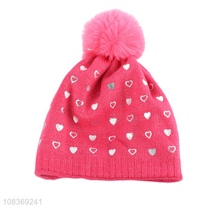 Online wholesale heart pattern winter warm knitted hats with fuzz ball