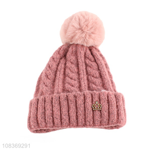 Popular product warm pink girls knitted hats with fuzz ball
