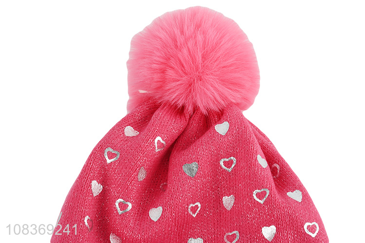 Online wholesale heart pattern winter warm knitted hats with fuzz ball