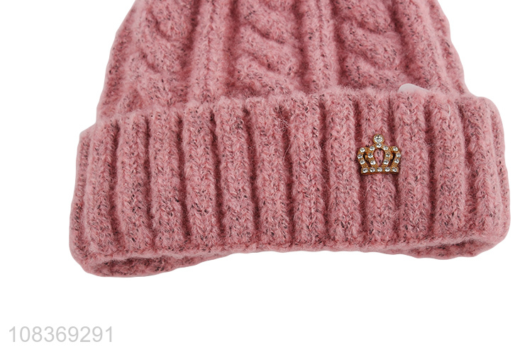 Popular product warm pink girls knitted hats with fuzz ball