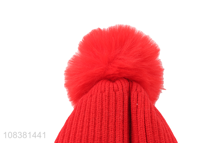 Popular Red Knitted Hat With Pom Pom Ball For Kids