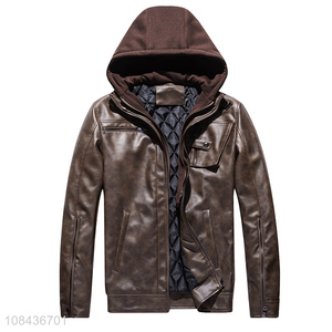 Wholesale men's pu leather quilted jacket winter detachable hooded plus size jacket