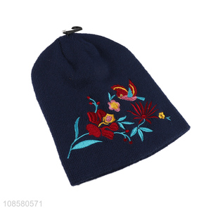 New product winter floral embroidery knitted beanie hat for kids