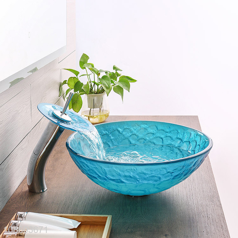 Factory supply artistic round bowl sink glass bathroom sink set