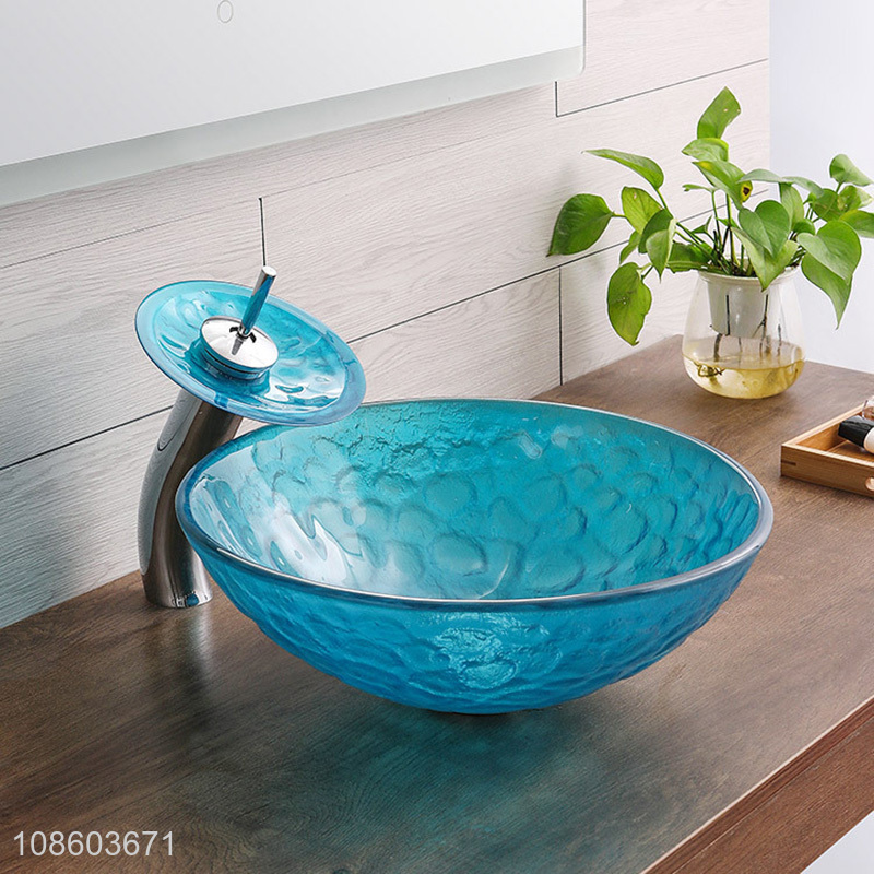 Factory supply artistic round bowl sink glass bathroom sink set