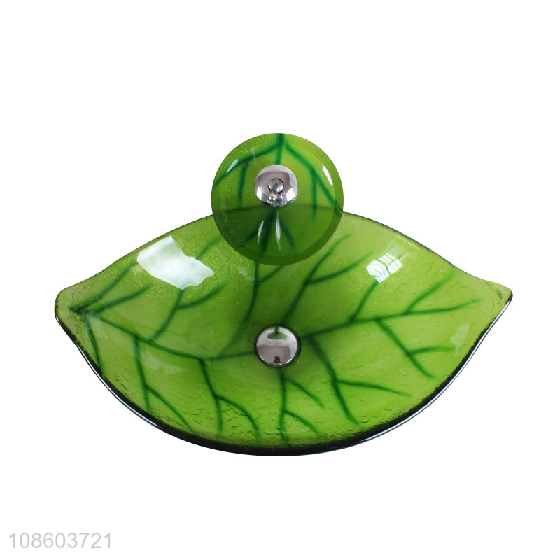 New product leaf shaped bathroom glass vanity sink and faucet set