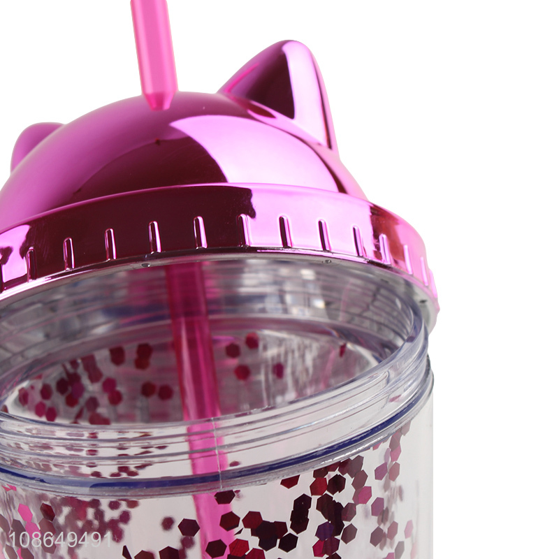 Factory supply double walled glitter plastic water cup with straw