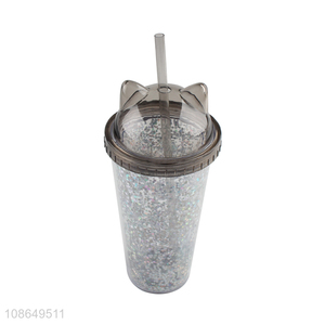 High quality double walls glitter plastic water cup with straw & lid