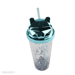 Wholesale double-wall sequined plastic cup coffee tumbler with straw