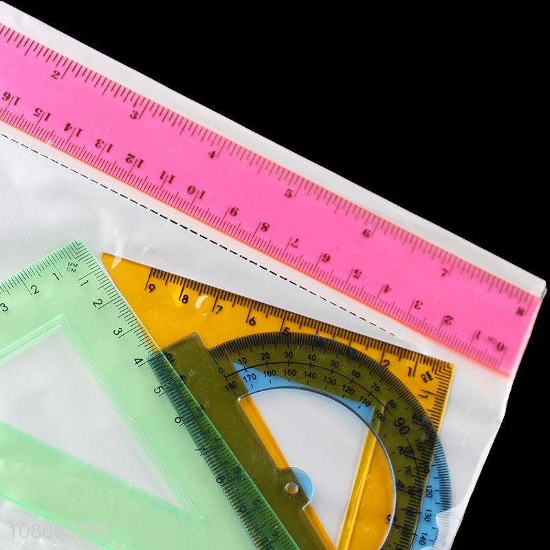 Hot selling 4pcs plastic ruler set with protractor maths geometry set