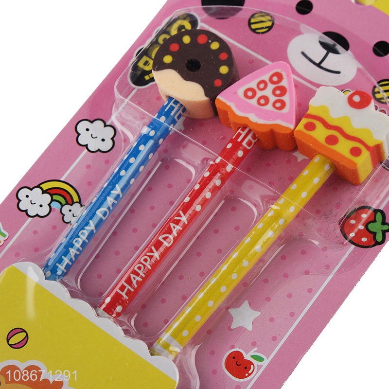 Wholesale 3pcs wooden pencil with cartoon dessert eraser for children