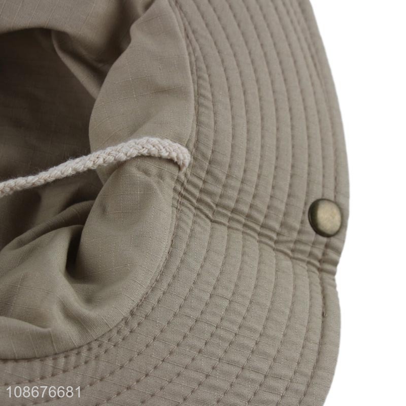 Wholesale outdoor wide brimmed fisherman bucket hat with strings for adults