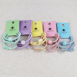 Best selling candy color bowtie braided hair rope colored bead hair ring for girls