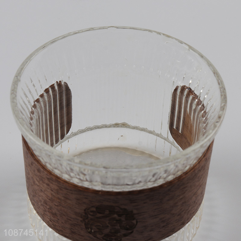 New product embossed glass coffee water mugs with wooden cup sleeve