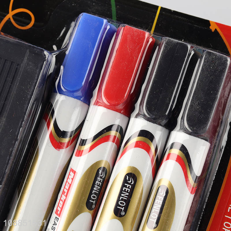 Good price 4pcs whiteboard markers with eraser for office school