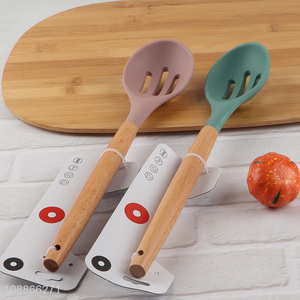 Factory supply durable silicone nylon slotted ladle with long wooden handle
