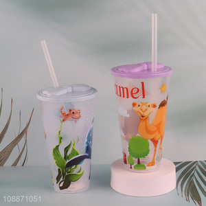 China supplier animal printed plastic straw water cup with lights