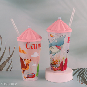 Top selling cartoon straw water cup with lights&lid