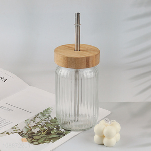 Wholesale clear glass mason jar cup with bamboo lid & stainless steel straw