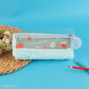 Low price plush cute strawberry students pencil bag with zipper
