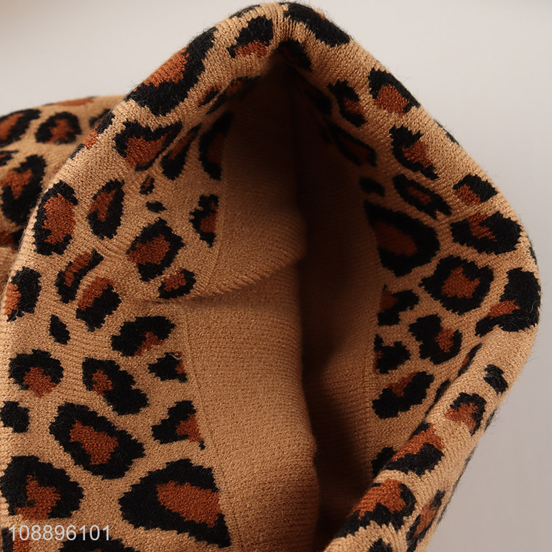 Factory price men women winter hat leopard pattern knitted beanie