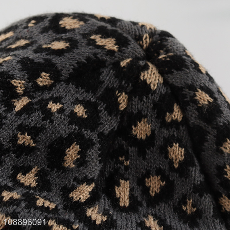 Good quality winter warm hat leopard pattern knitted beanie hat