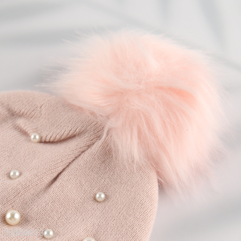 Wholesale women winter hat knitted pompom beanie hat with pearls