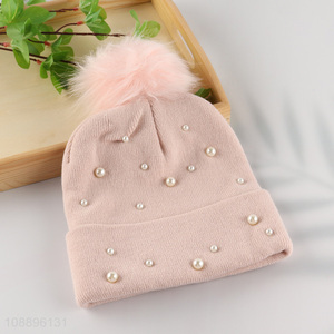 Wholesale women winter hat knitted pompom beanie hat with pearls