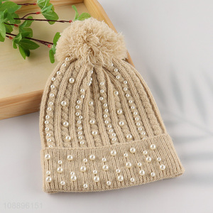 High quality women winter hat knit beanie hat with pearls & pompom