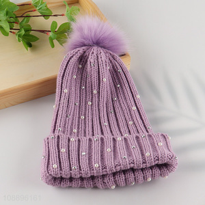 Wholesale women winter hat knitted beanie hat with pearls rhinestone