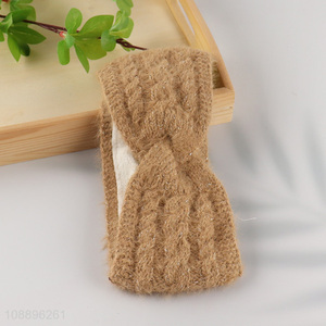 Hot selling winter warm knitted bow headband with fleece lining