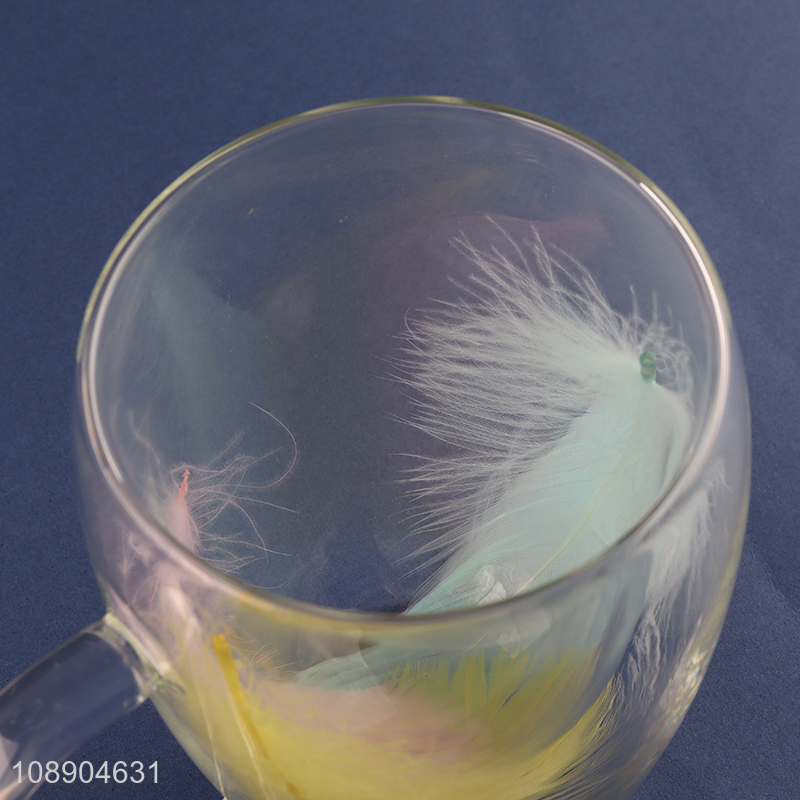 New product double walled glass cup feather design cup with handle