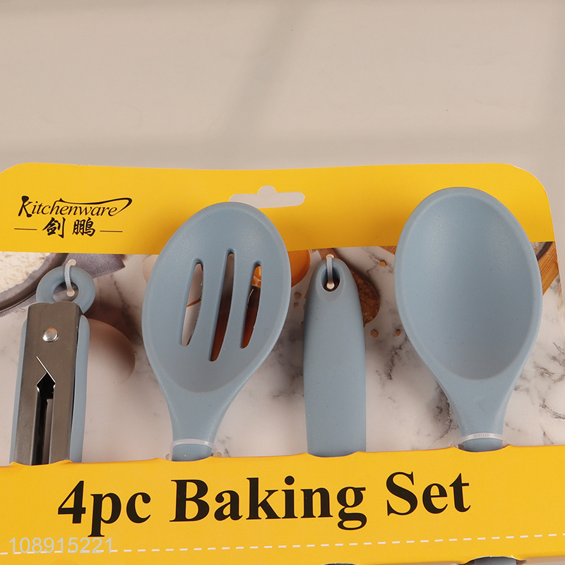 Low price 4pcs silicone kitchen utensils set food tong cooking spatula basting spoon set