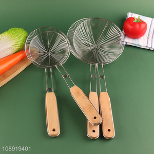 Best sale stainless steel fine mesh skimmer kitchen strainer with wooden handle