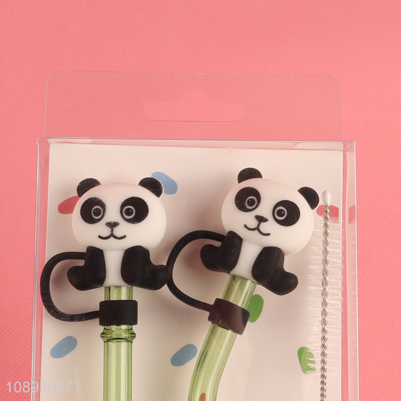 New Arrival 2PCS Bamboo Shaped Glass Straws with Panda Straw Cover