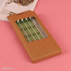 Factory Price 4+1 Straight Bamboo Shaped Glass Straws for Coffee