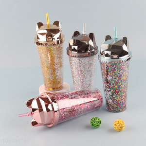 Good price glitter cat ear plastic water cup with straw