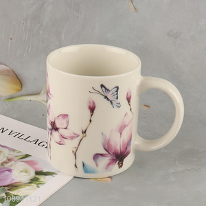 Low price butterfly printed ceramic water cup with handle