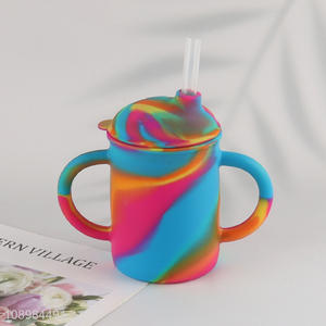 Online wholesale silicone portable children water cup with <em>straw</em>&handle