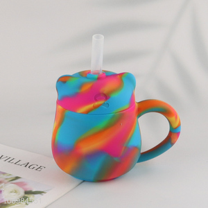 Most popular cartoon colorful 250ml silicone water cup with <em>straw</em>&handle