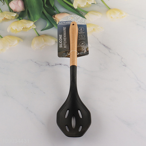 Hot products silicone kitchen utensils slotted spoon with wooden handle