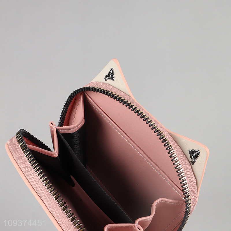 Good quality pink cat girls leather wallet