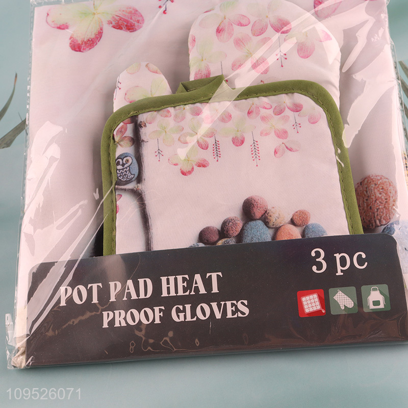 Online wholesale 3pcs kitchen apron heat pad oven mitts set