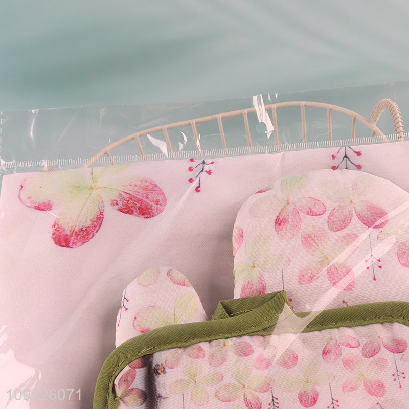 Online wholesale 3pcs kitchen apron heat pad oven mitts set