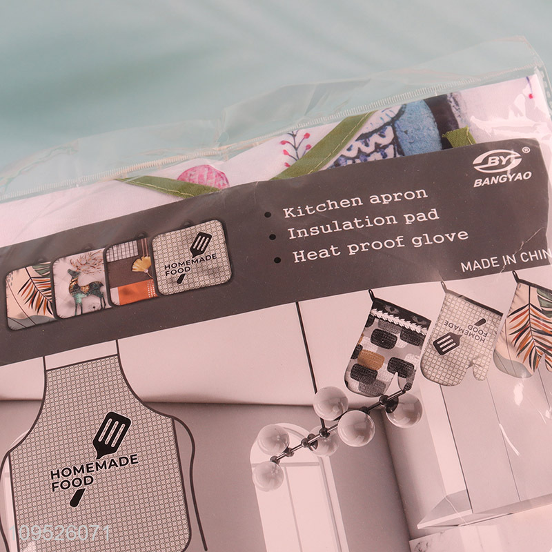 Online wholesale 3pcs kitchen apron heat pad oven mitts set